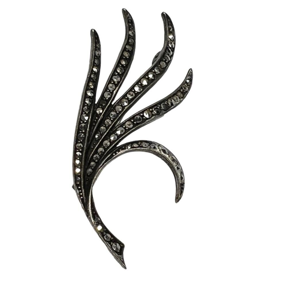 Vintage Silver Marcasite Feather Leaf Brooch Spray Pin Push-pull Trombone Clasp